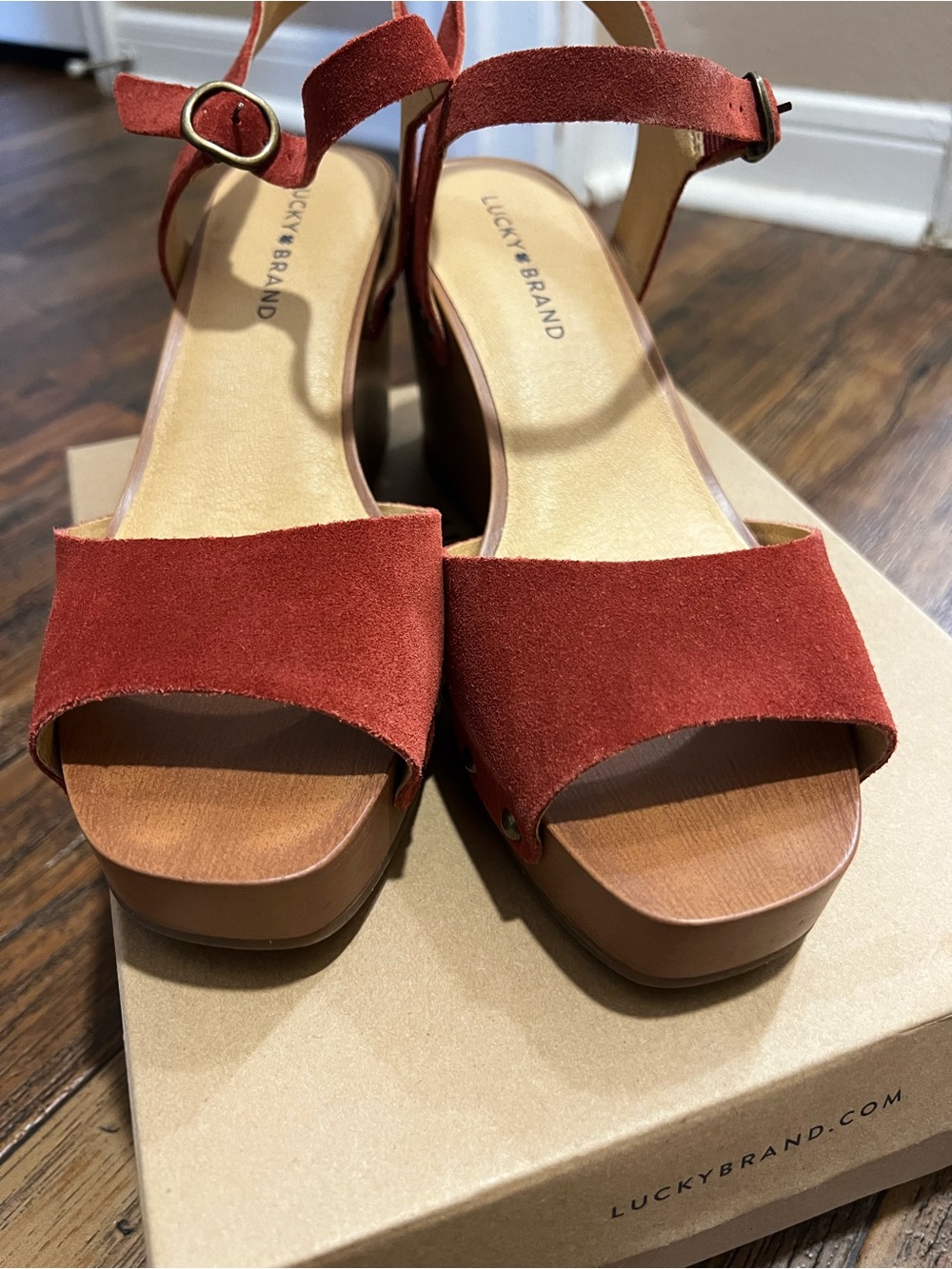 Lucky Brand Brick Red Suede Platform Sandals with Ankle Strap